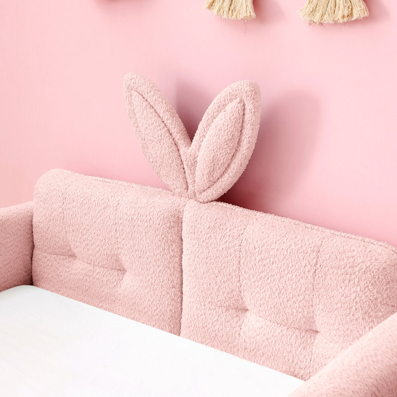 Lit plateforme tapissier simple avec tête de lit en forme d'oreille de lapin mignon, avec barre de sécurité et poche, tissu bouclé