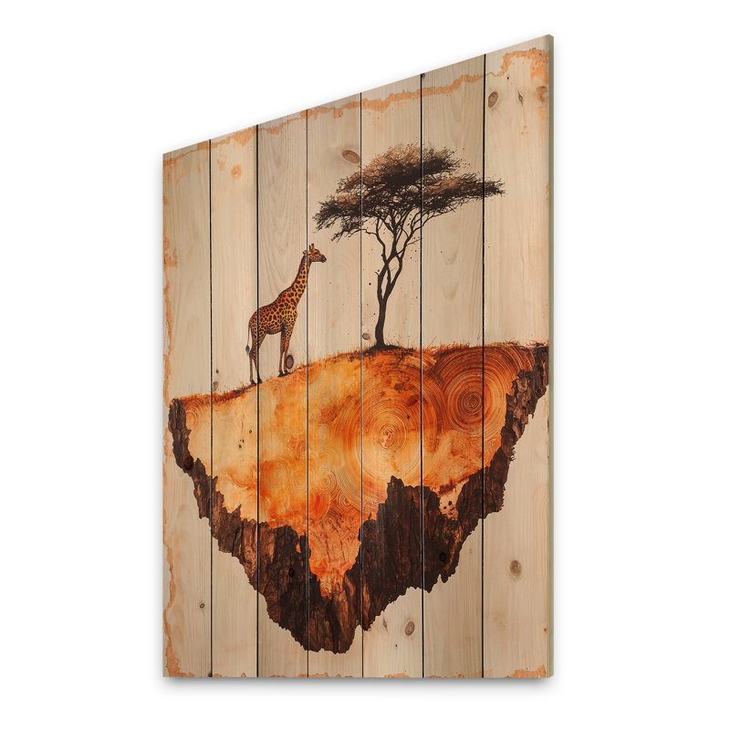 Girafe silencieuse dans un paysage africain I - Décoration murale en bois de girafe sur bois de pin naturel