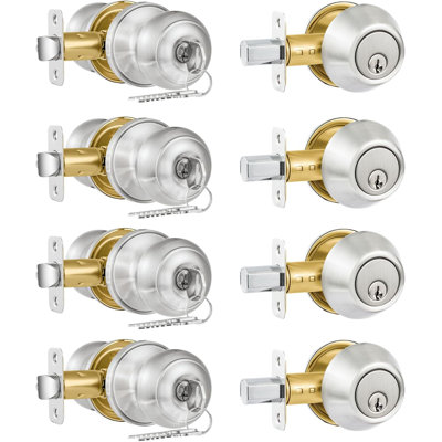 Keyed Alike Entry Door Knob and Single Cylinder Deadbolt Set, Satin Nickel Reversible Door Lock for Front Door