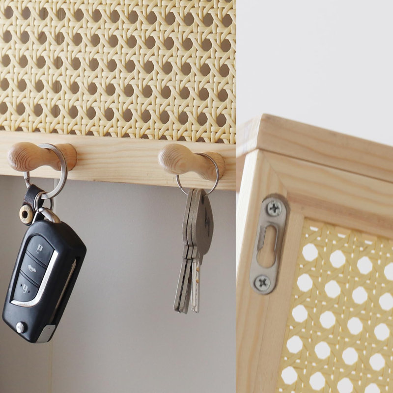 Rattan Key Holder With 4 Key Hooks,Wall Mounted Decorative Floating Shelf For Entryway,Nursery,Mudroom, Hallway, Office