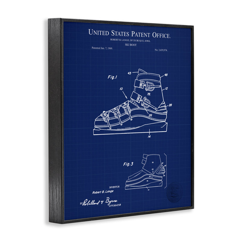 Ski Boot Blueprint Framed Giclee Art by Karl Hronek, Midnight Black Framed Giclee, 14" H x 11" W