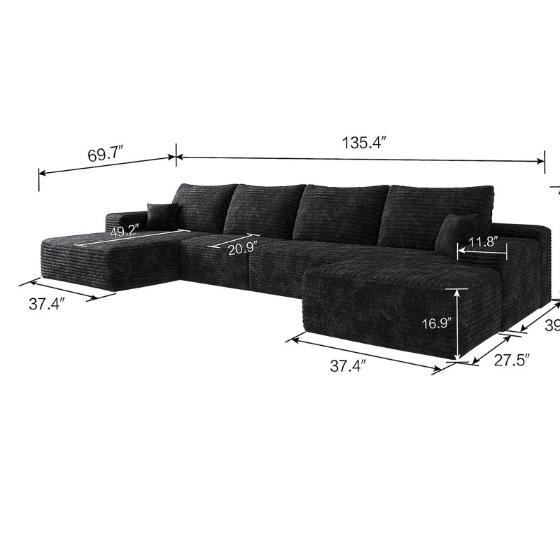 Canapé de 135 pouces avec 1 repose-pieds, canapé en velours simple moderne, canapé de salon en forme de U confortable, canapé d'angle à siège profond, sans assemblage requis, noir (faux velours)