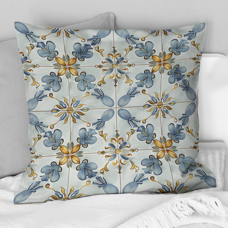 Carrelage rétro bleu poudre et doré I - Coussin Farmhouse, H 16 po x l 16 po, Carrée