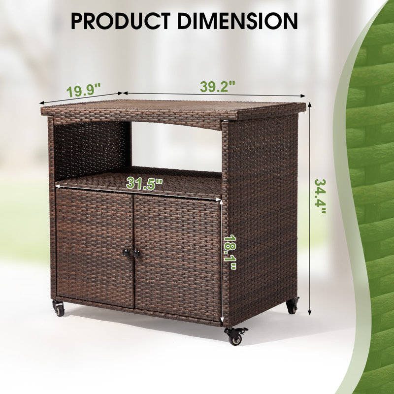 Brown Rattan Bar Table With Wheels