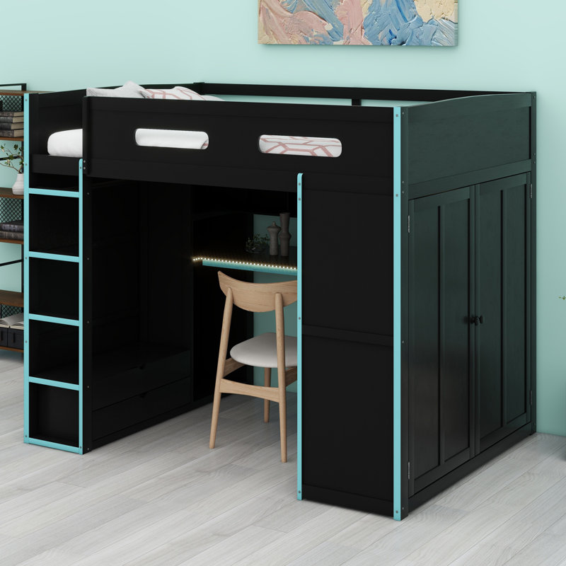 Wood Loft Bed With Desk,Wardrobe,Ample Storage Space,And RGB LED Light, Cloud Blue