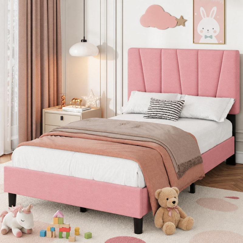 Cadre de lit plateforme Twin XL avec tête de lit rembourrée, lit d'enfant avec soutien robuste, Simple extra long, Rose