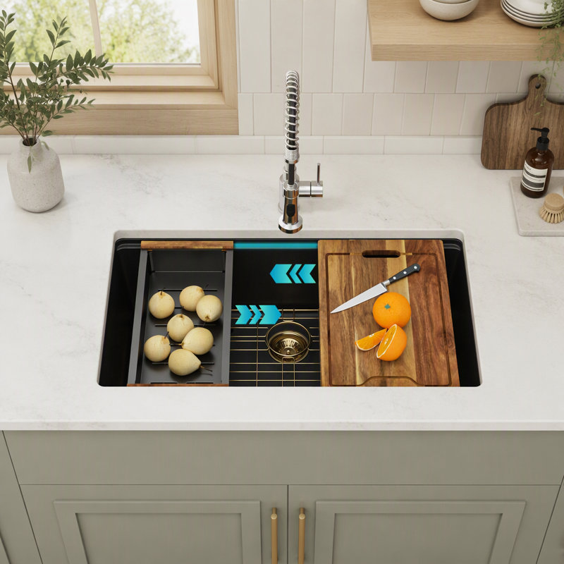 Premium Quartz Composite Undermount Single Bowl Workstation Kitchen Sink With Noise Reducing And Hygienic Surface Features