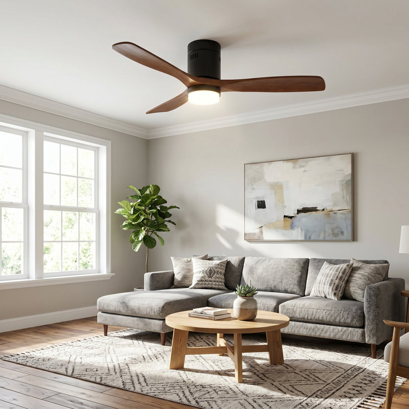  52-inch Modern Ceiling Fan with Light, 3 Solid Wood Blades, DC Motor, 6 Speeds, Flush Mount for Bedroom, Living Room, Walnut