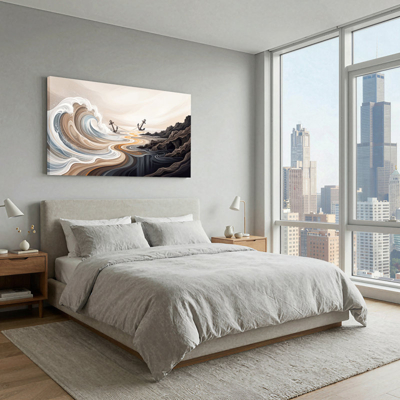 «Ocean Wave and Anchors Stylized Flowing Past Rocky Shore», art mural sur toile, L 32 po x H 16 po