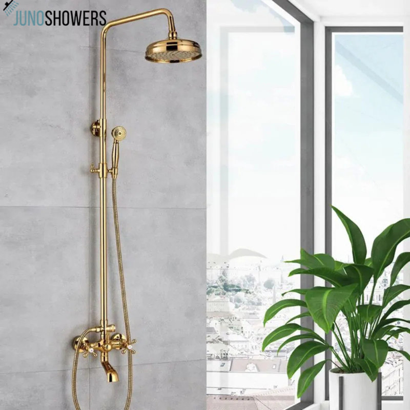 Ensemble de douche de luxe en laiton doré avec robinet à deux poignées - Robinet mural