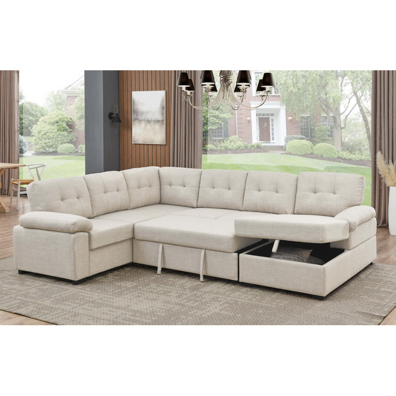 Upholstered U-Shaped Sectional Right Hand Facing, Almond Linen Blend