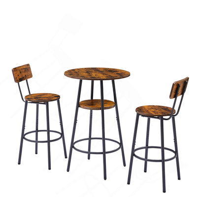 Round Bar Stool Set With Shelves, Stool With Backrest Rustic Brown, 23.6'' Dia X 35.4'' H