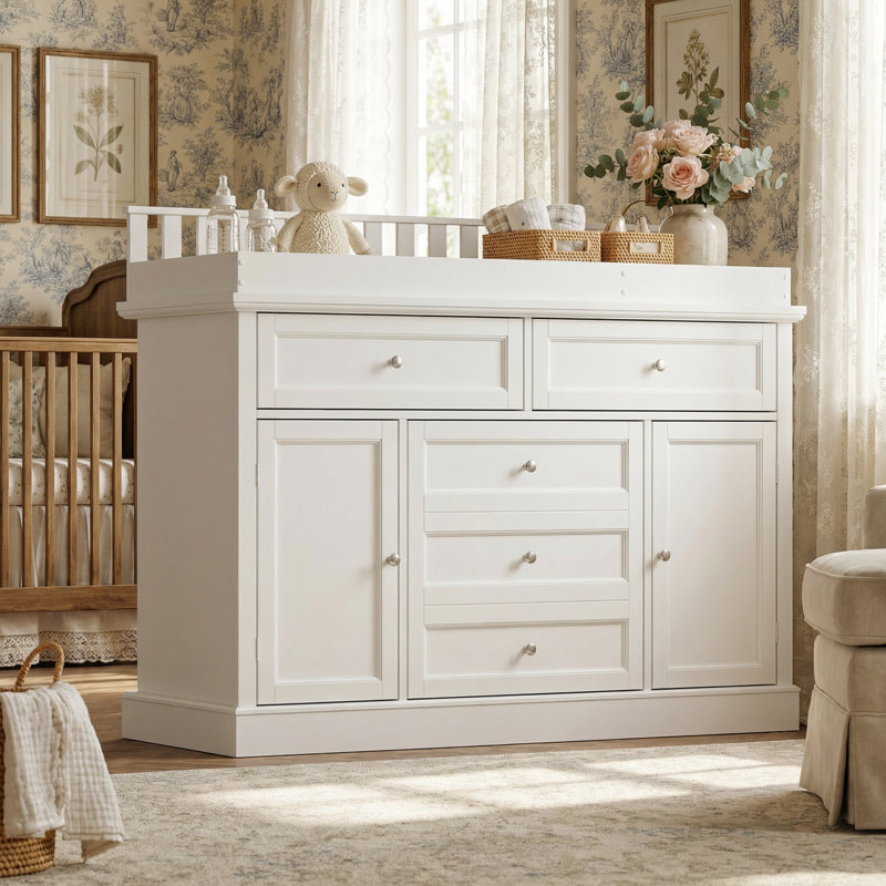 Creameans 3 Drawer Kids Changing Table With 2 Cabinets, White