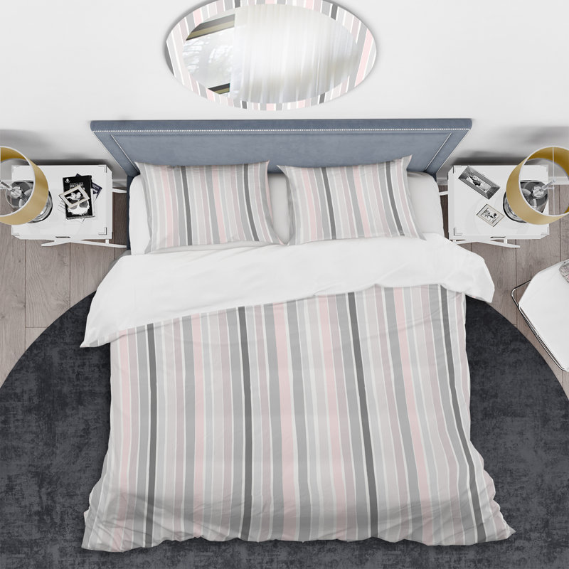 Motif rayé argent et rose - Ensemble de housse de couette abstrait - Microfibre de polyester