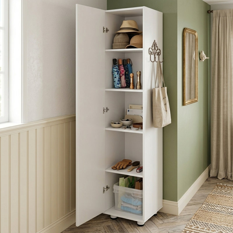 75" Tall Slim Storage Cabinet with Single Door, Freestanding Kitchen Pantry with 5 Tiers (3 Adjustable Shelves), Space-Saving Narrow Utility Organizer for Laundry, Garage & Office, White
