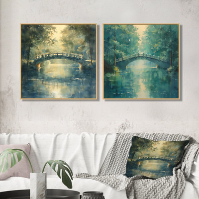 «Green Beige River Crossing Park Bridge I», décoration murale - art mural traditionnel 2 pièces