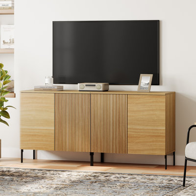 Union Rustic Modern Reeded TV Stand With Doors, Entertainment Center With Shelf, Wooden TV Console With Storage For Living Room