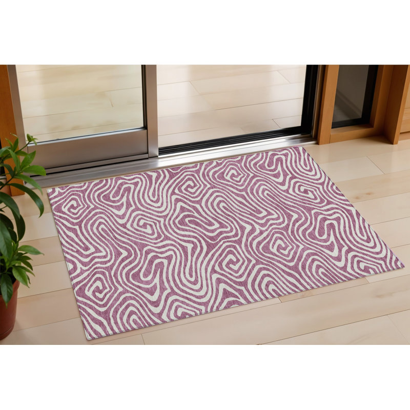 3' X 5' Plum And Ivory Abstract Washable Indoor Outdoor Area Rug