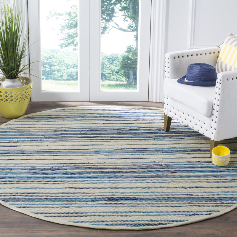 Tapis ivoire / bleu en coton tissé à la main Brogun, Rond 6 pi