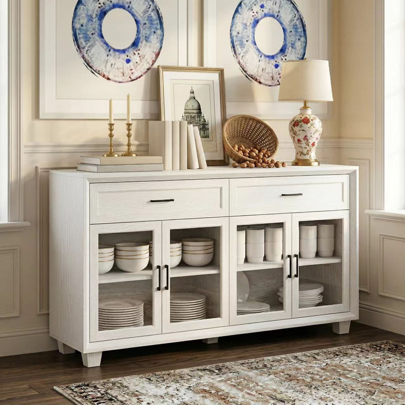 63" Wide Stylish 4-Glass Door China Cabinet With 2 Deep Drawers & Solid Wood Legs, White