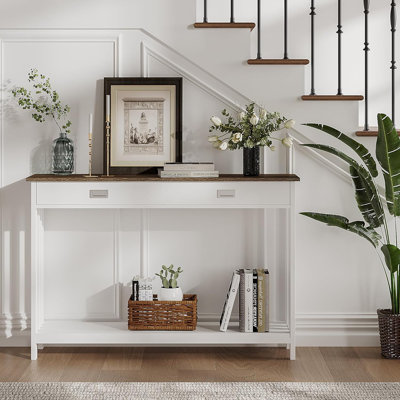 47" Farmhouse Long Entryway Table With Drawer & Storage, Soft White/Brown