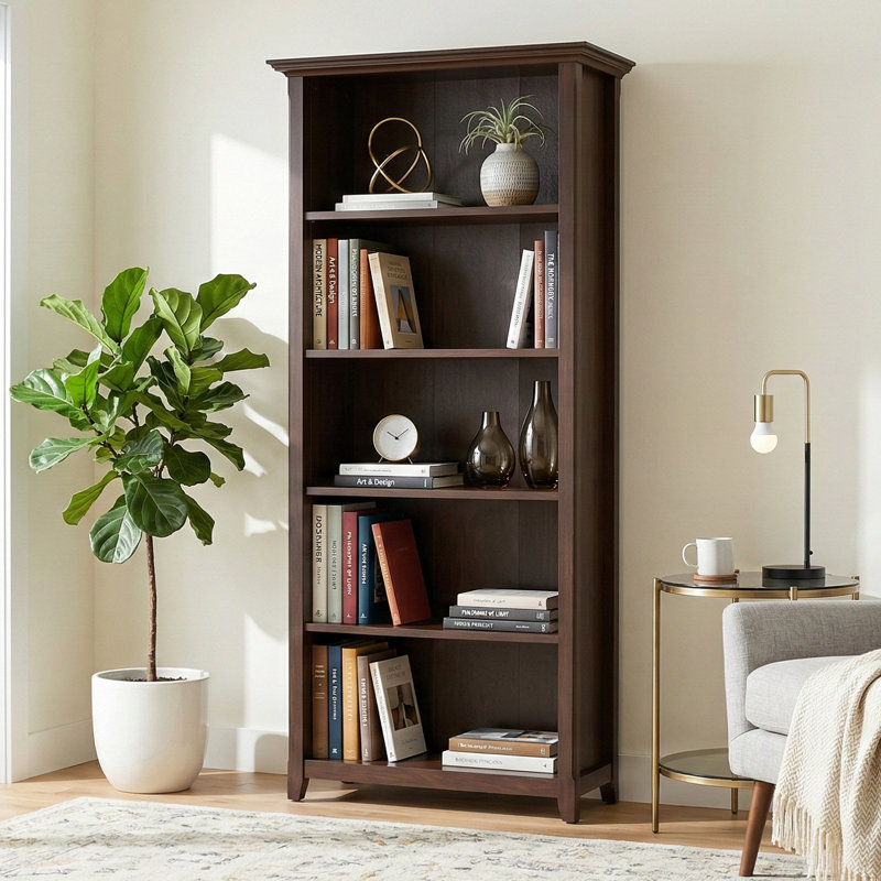 Amherst 30"W Solid Wood 5 Shelf Bookcase with Adjustable Shelves, Brun roux