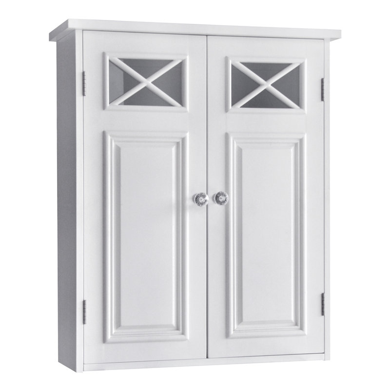 Armoire murale amovible à deux portes Woodley avec panneaux en verre moulé en croix et tablette réglable, Blanc