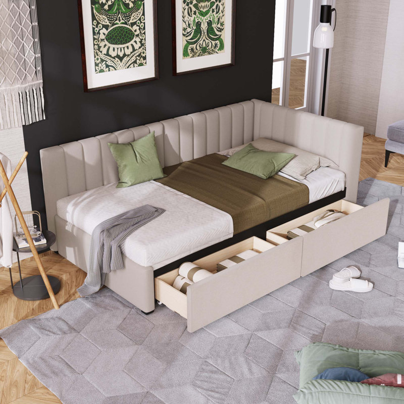 Upholstered Daybed with 2 Storage Drawers Twin Size Sofa Bed Frame No Box Spring Needed, Linen Fabric, Beige