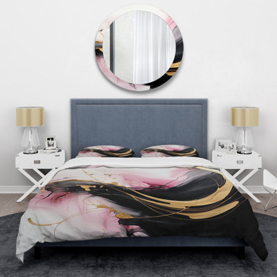 Abstract Gold Wave Pink I - Ensemble de housse de couette Abstract - Microfibre de polyester