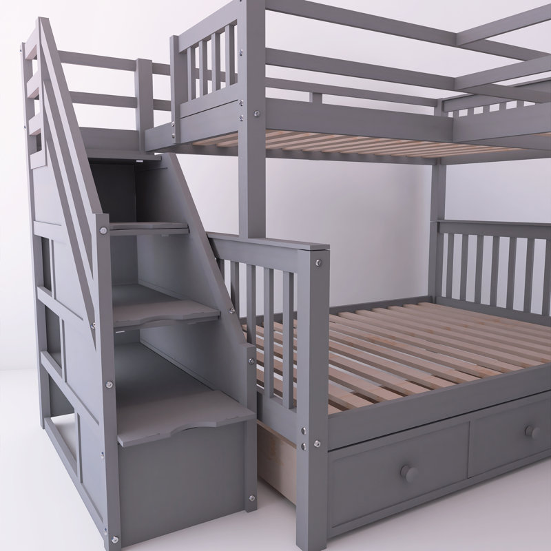 118'' Solid Wood Twin-Twin Over Full L-Shaped Bunk Bed With 3 Drawers, Portable Desk And Wardrobe, Grey