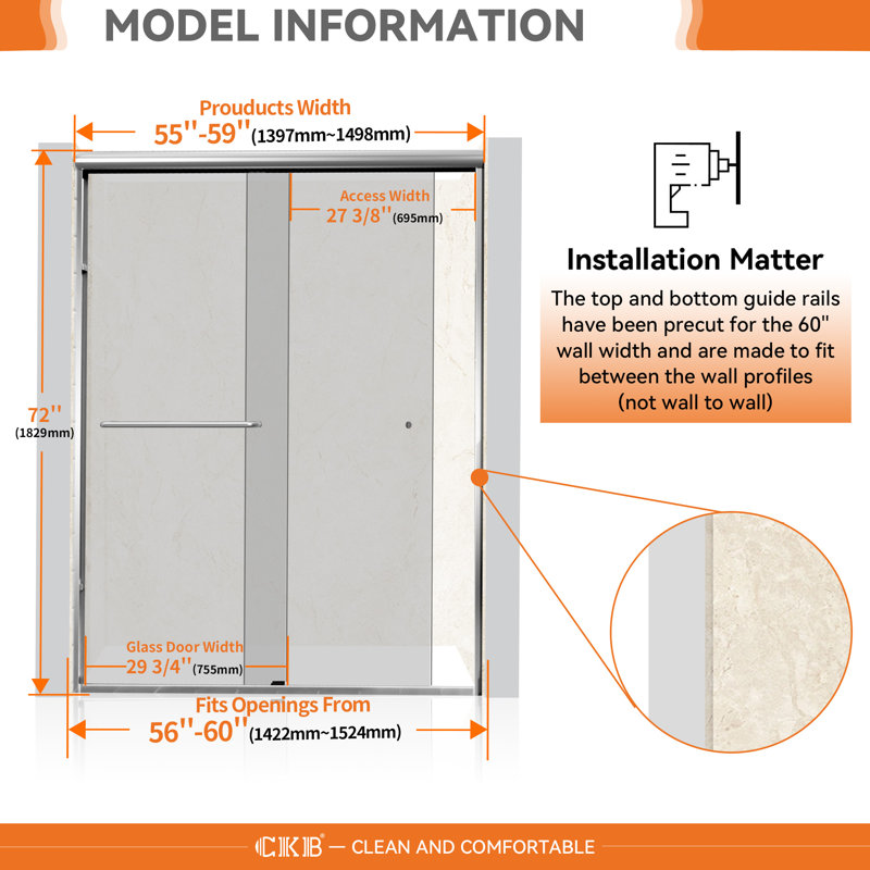 56" to 60" W x 72" H Semi-Frameless Double Sliding Shower Door with Easy-to-Clean Coating, Adjustable Width Bypass Bath Enclosure featuring 1/4" Tempered Glass,Chrome Finish