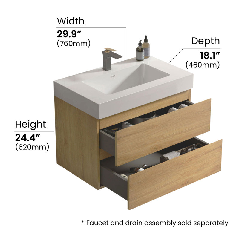 30 Inch Wall-Mounted Single Bathroom Vanity with Solid Surface Top with Overflow, Pre-Assembled, Natural Oak, 30", White