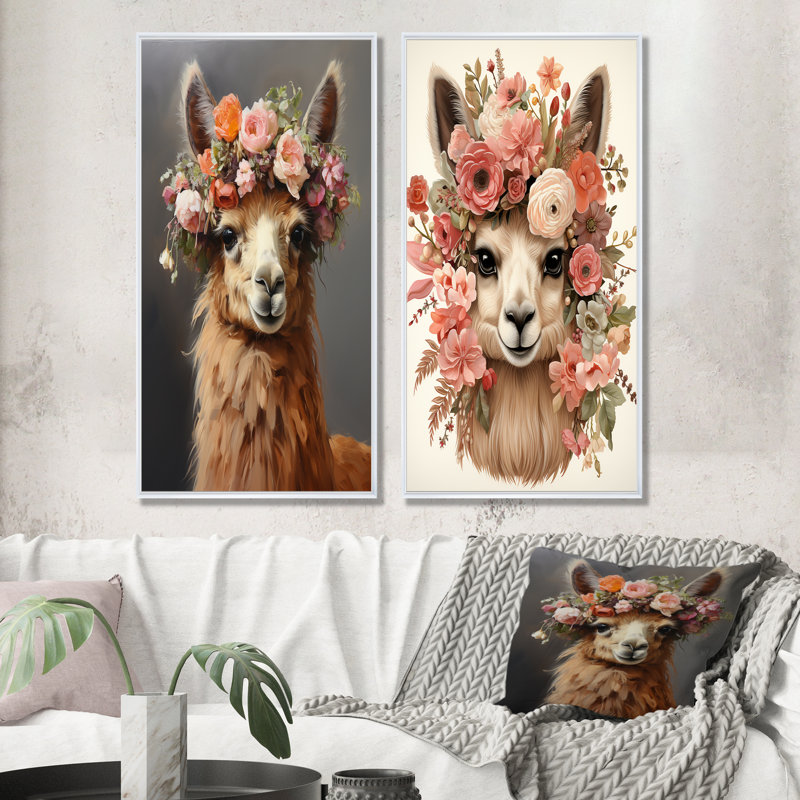 Flower Flower Llama Wonder I - ensemble de 2 décorations murales lama, Cadre flottant blanc, H 40 po x l 41 po