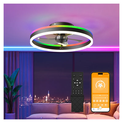 19.7" Black Flush Mount Ceiling Fan with Light, 6-Speed Reversible DC Motor, Modern Low Profile Fan for Bedroom