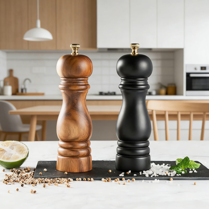 Ensemble réglable de moulins à sel et à poivre en céramique réglables de 2 po, 7 pouces avec design en bois d'acacia rustique pour les épices fraîchement moulues