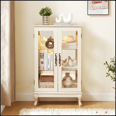 Vitrine 2 portes avec verre trempé, dossier en miroir, tablettes réglables et éclairage pour une présentation élégante
