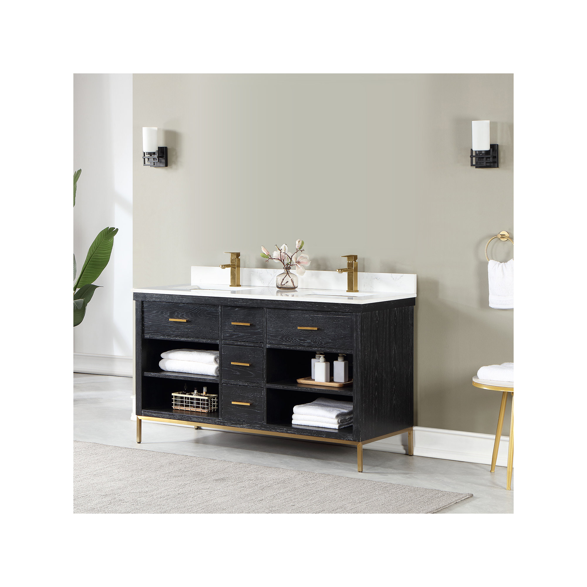 Kesia 60'' Double Bathroom Vanity, Gold, Black