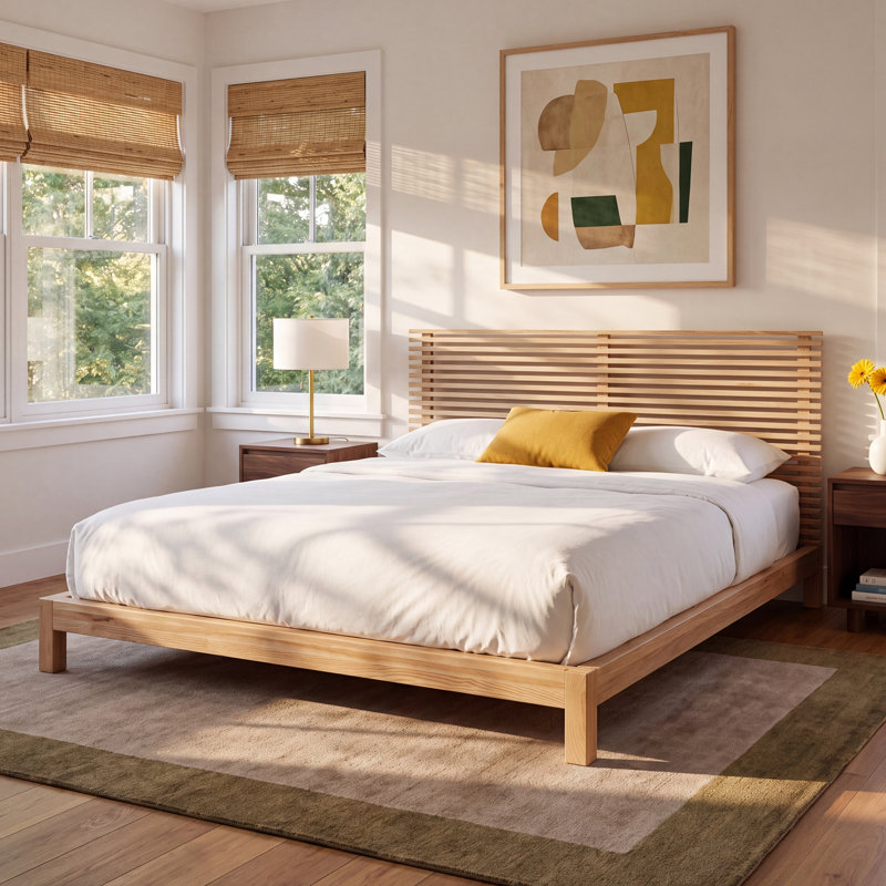 Finnian Unfinished Solid Wood Platform Bed, Queen, Light Oak
