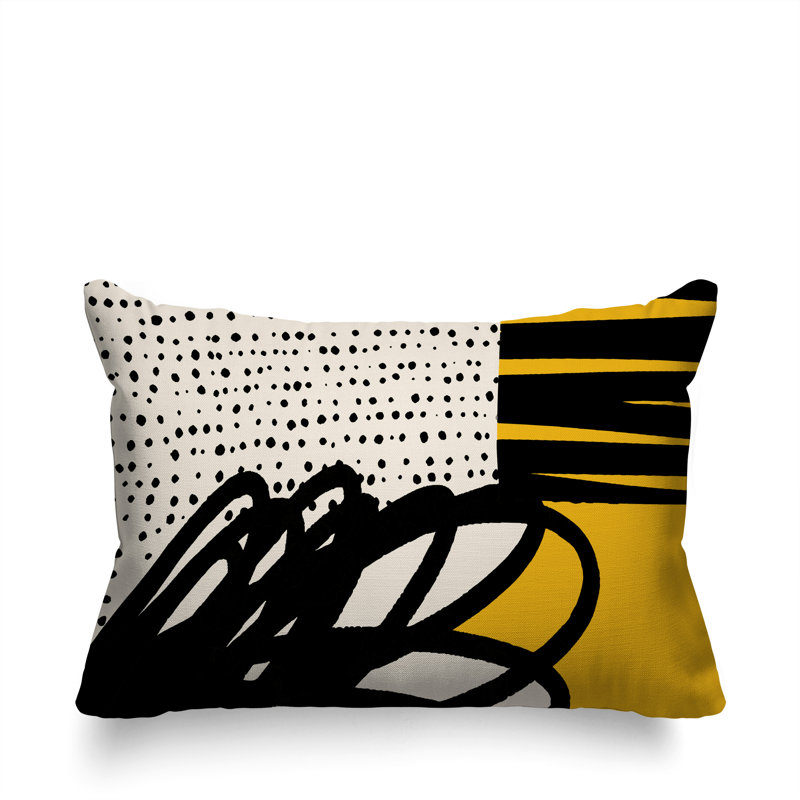 Oreiller rectangulaire réversible intérieur / extérieur Jofre, Jaune / noir / blanc cassé, H 14 po x l 20 po