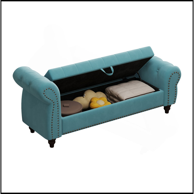 64.5" Nails Tufted Velvet Upholstery Bed Bench with Storage, Lake Blue