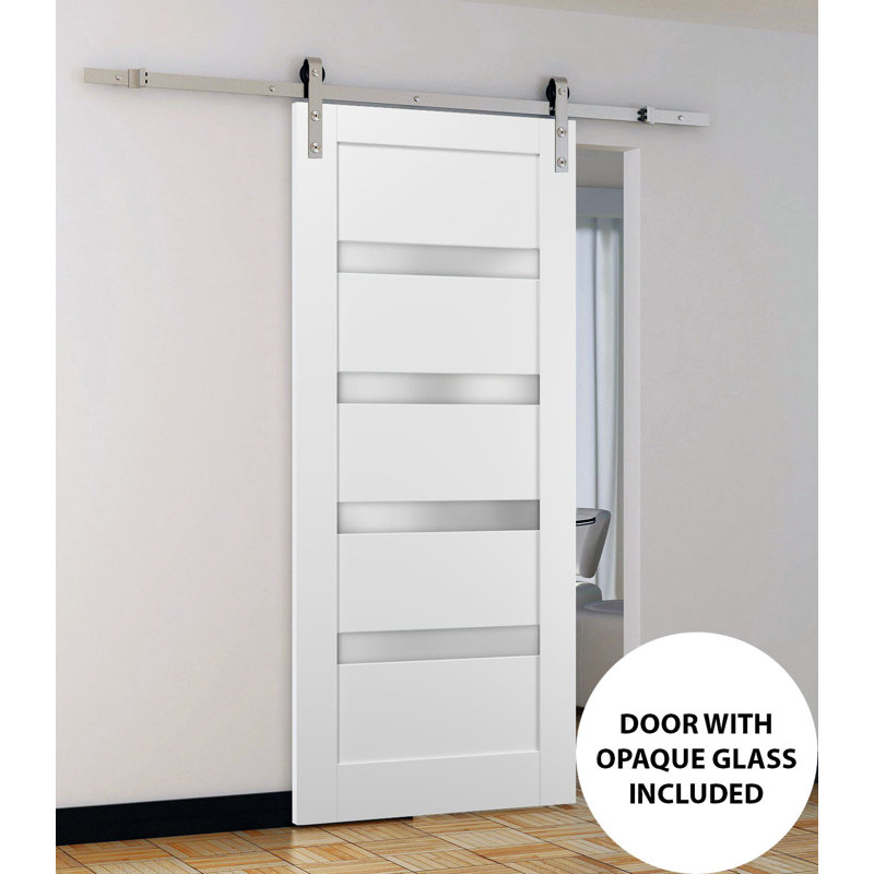 Porte coulissante de style grange avec quincaillerie Quadro 4113 Blanc Soie avec verre opaque dépoli, rail de 2 m (6,6 pi), robuste, panneaux intérieurs en bois massif, 107 cm x 213 cm (42 po x 84 po), rail argenté.