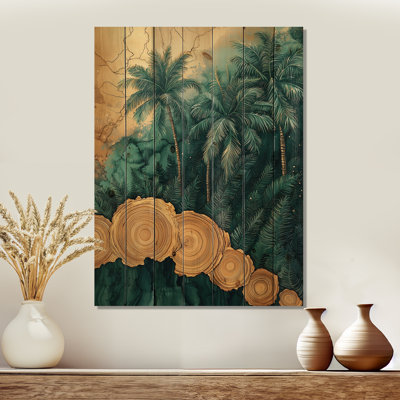 Décoration murale en bois palmiers émeraude sur forêt tropicale dorée IV - palmiers et palmiers