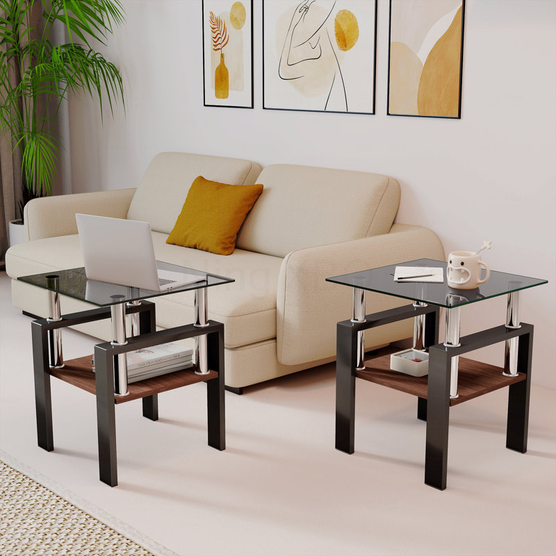 Table basse carrée en verre, ensemble de 2 tables de salon, ensemble de 2 tables de thé moderne trempé avec plateau en MDF et table de bout gris / noir