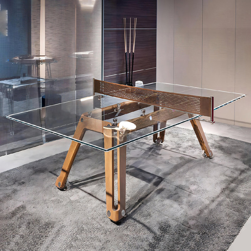 Table de tennis de table d'intérieur haut de gamme avec verre trempé transparent et bois de noyer