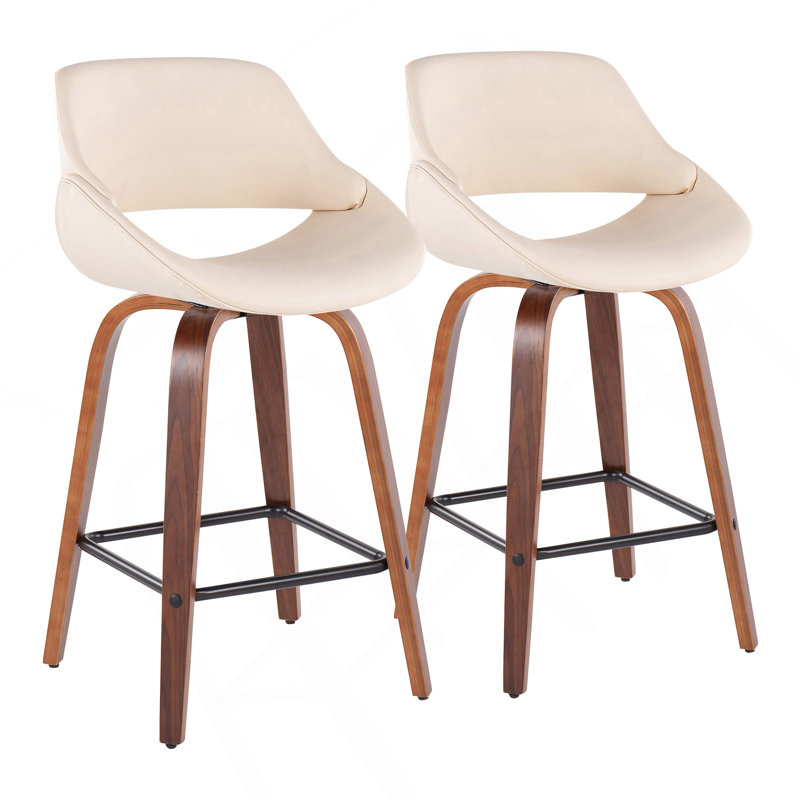 Fabrico Mid-Century Modern Fixed-Height Counter Stool In Walnut Wood With Square Black Footrest And Cream Faux Leather By Lumisource - Set Of 2