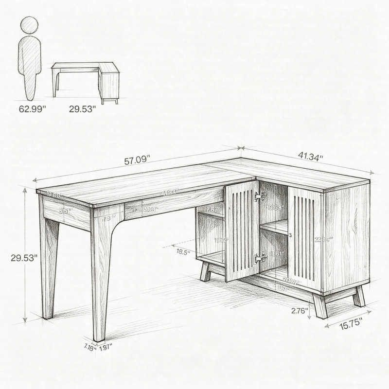 57" L-Shaped Corner Desk, Wood Computer Desk With Cabinet & Storage Shelves, Walnut