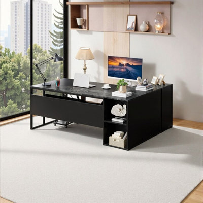 Bureau de direction en L 71 po avec rangement - poste de travail industriel gris
