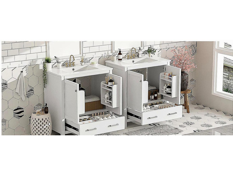 Ensemble de coiffeuse de 60 pouces, avec coiffeuse double (séparée), lavabos doubles en céramique, tablette de rangement, tiroirs divisés, sans miroir - une solution de salle de bain moderne pour les salles de bain spacieuses