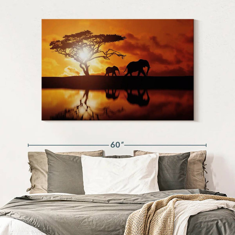 Brampt Elephant Silhouettes At Sunset, 34" H x 51" W