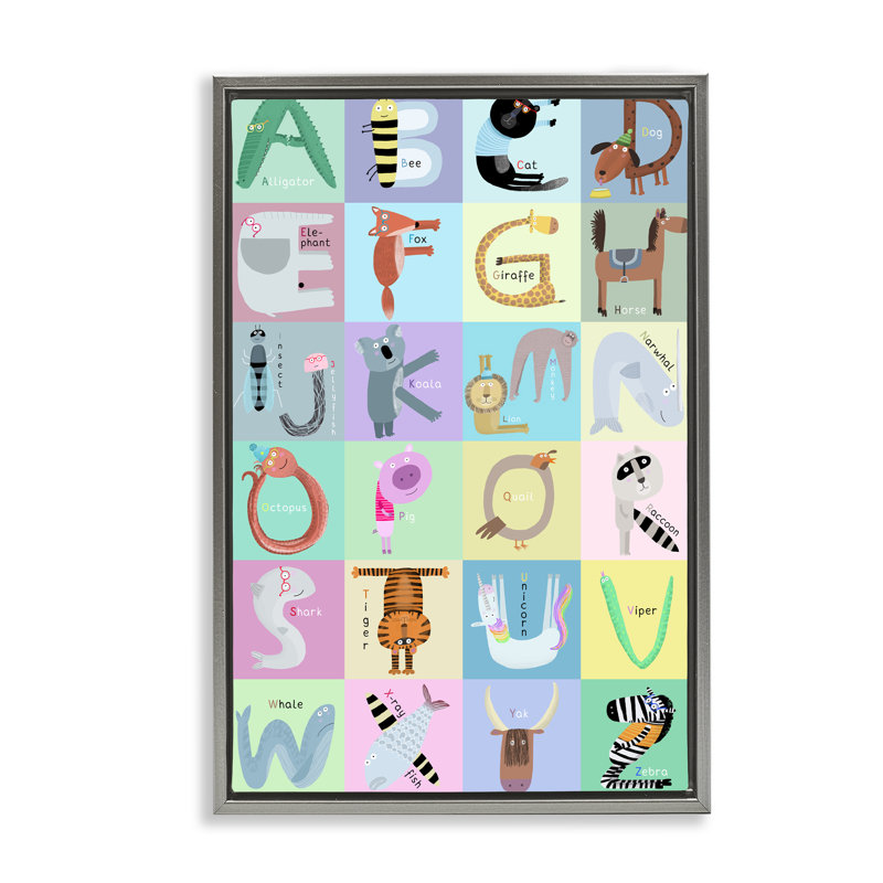 Alphabet animaux à carreaux, Cadre flottant gris lustré, H 25 po x l 17 po